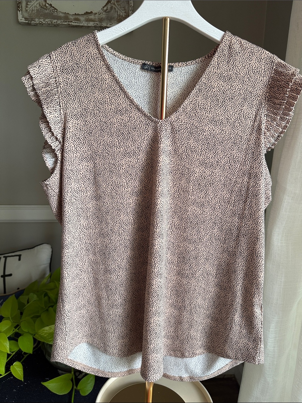 Adrianna Papell tan w/black Dot-Print Cap-Sleeve V-Neck Blouse